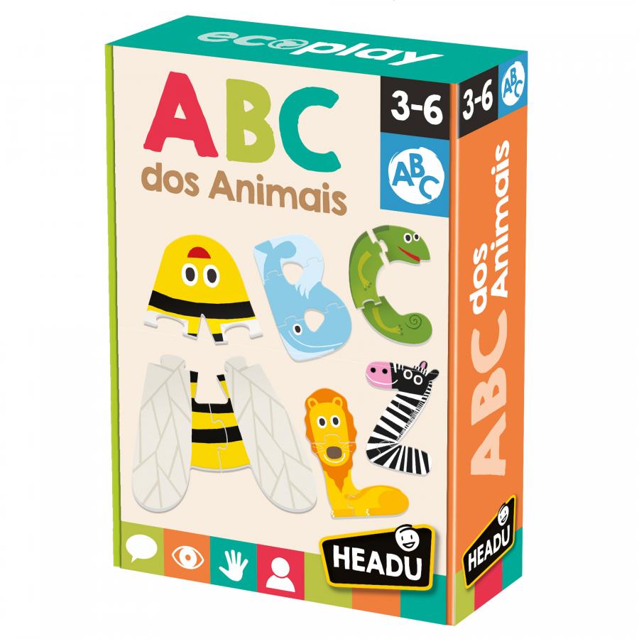 Caixa do jogo de puzzle Headu "ABC dos Animais" em Português, mostrando letras A, B e C formadas por animais como Abelha, Baleia e Crocodilo, com indicação de idade 3-6 anos.