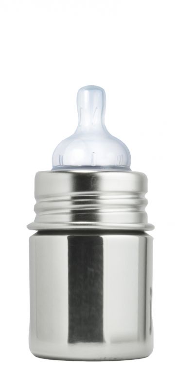 Detalhe frontal de uma garrafa Pura de aço inoxidável de 150ml com tetina de silicone transparente para recém-nascidos.