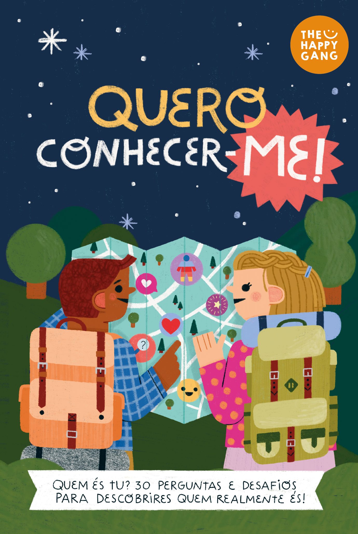 Capa dos cartões THE HAPPY GANG Quero Conhecer-me! com ilustrações de duas crianças exploradoras e um mapa de autodescoberta sob um céu estrelado.