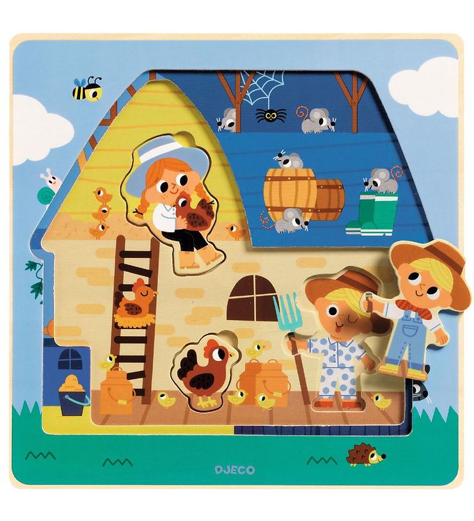 Puzzle de madeira Djeco "Quinta" com as camadas superiores removidas, exibindo a camada base com as figuras das crianças e galinhas dentro do celeiro.