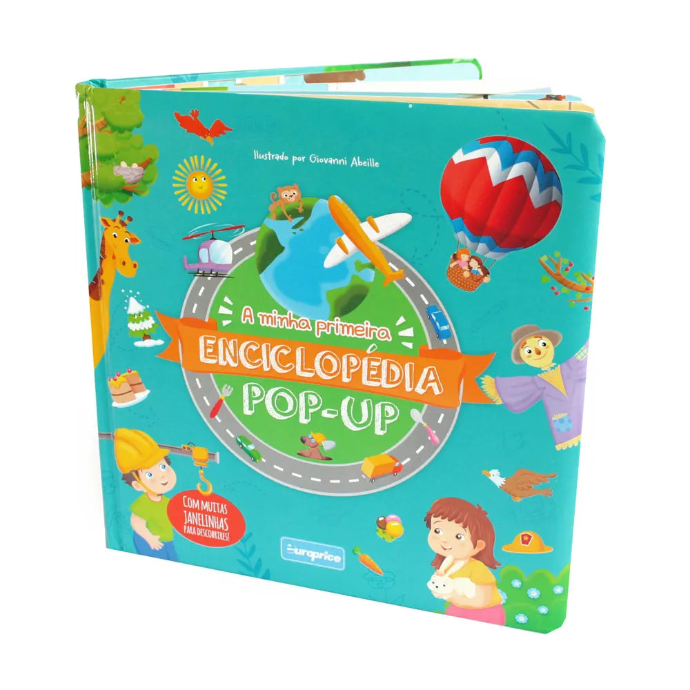 Imagem da capa da "A Minha Primeira Enciclopédia Pop-up" da Europrice, mostrando ilustrações coloridas e o título em destaque.  Ideal para crianças de 4 a 6 anos.