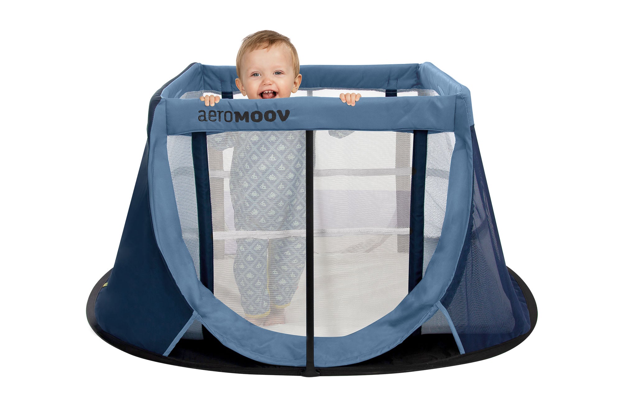 Aeromoov Cama de Viagem Instantânea montada, cor cinzenta, mostrando o nível superior para recém-nascidos com colchão incluído.