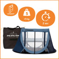 Cama de Viagem Aeromoov configurada no nível inferior, usada como berço ou parque infantil, com colchão maior.