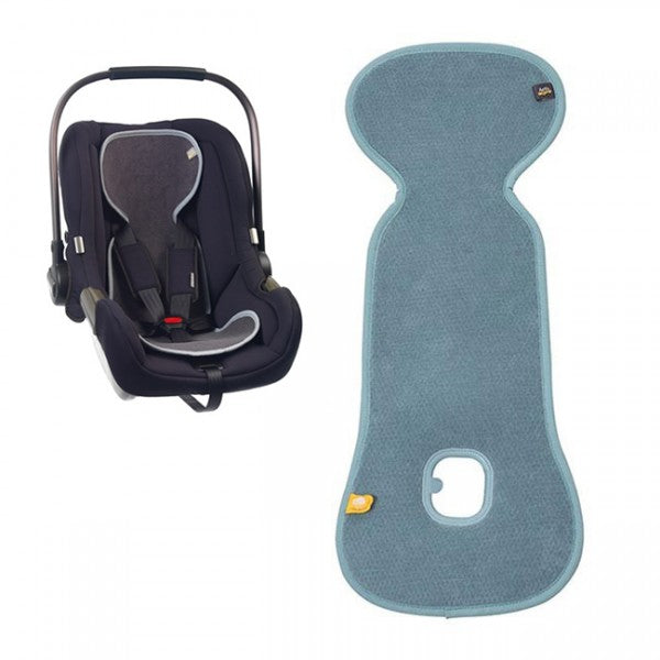 Capa Aeromoov AirLayer 3D instalada numa cadeira auto e vista frontal do modelo em azul.