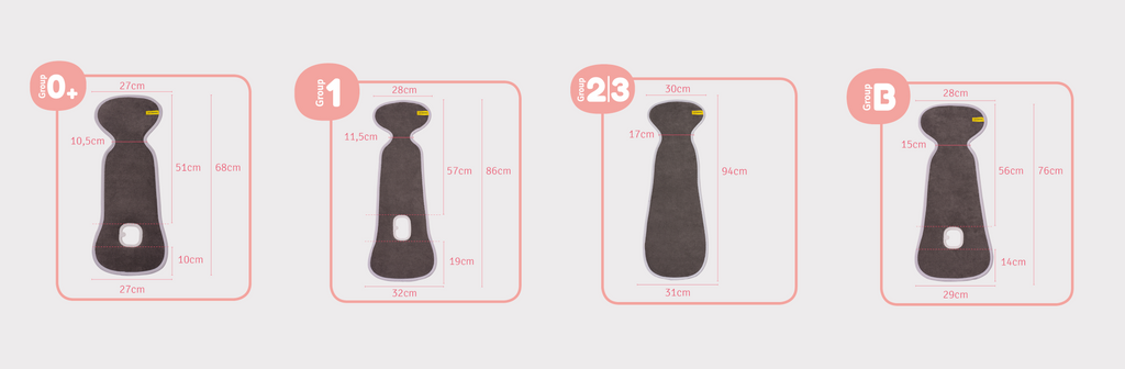 Guia de medidas e dimensões da capa Aeromoov AirLayer para os diferentes grupos de cadeiras auto.