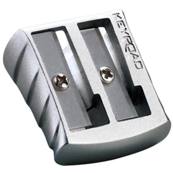 Afiador Keyroad de metal prateado com duas aberturas de tamanhos diferentes.