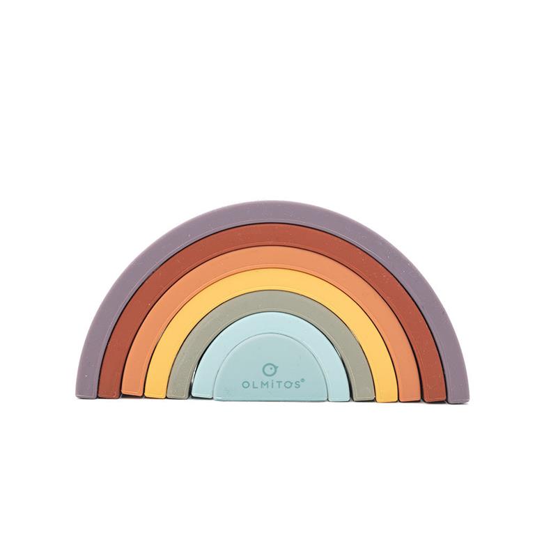 Arco-íris de silicone Olmitos, seis peças coloridas empilháveis, brinquedo educativo para bebés a partir dos 4 meses, design moderno e seguro.