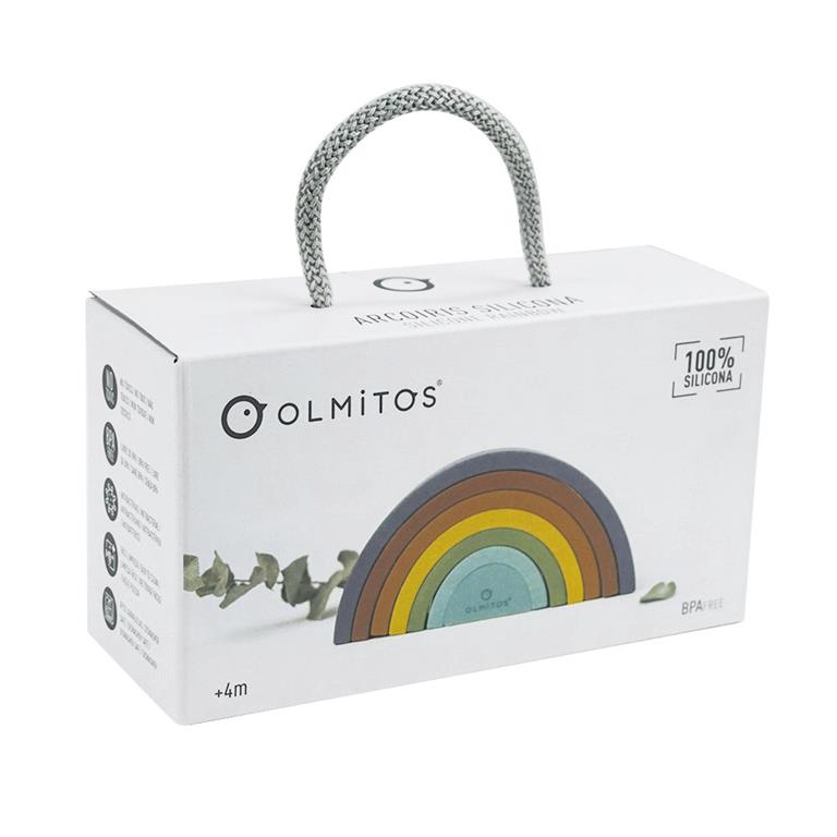 Caixa do arco-íris de silicone Olmitos, mostrando a embalagem e as informações do produto, como a idade recomendada e a composição 100% silicone.