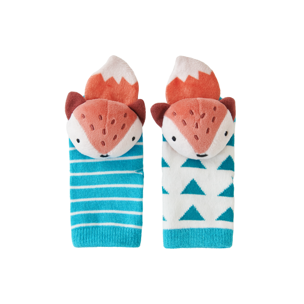 Duas meias de estimulação Attipas com cabeça de raposa 3D: uma azul com riscas brancas e outra branca com triângulos azuis.