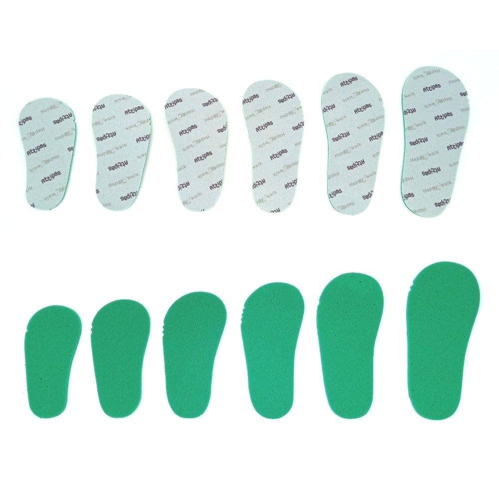 Embalagem frontal das palmilhas Attipas, acessório para ajuste de tamanho e conforto do calçado de bebé.