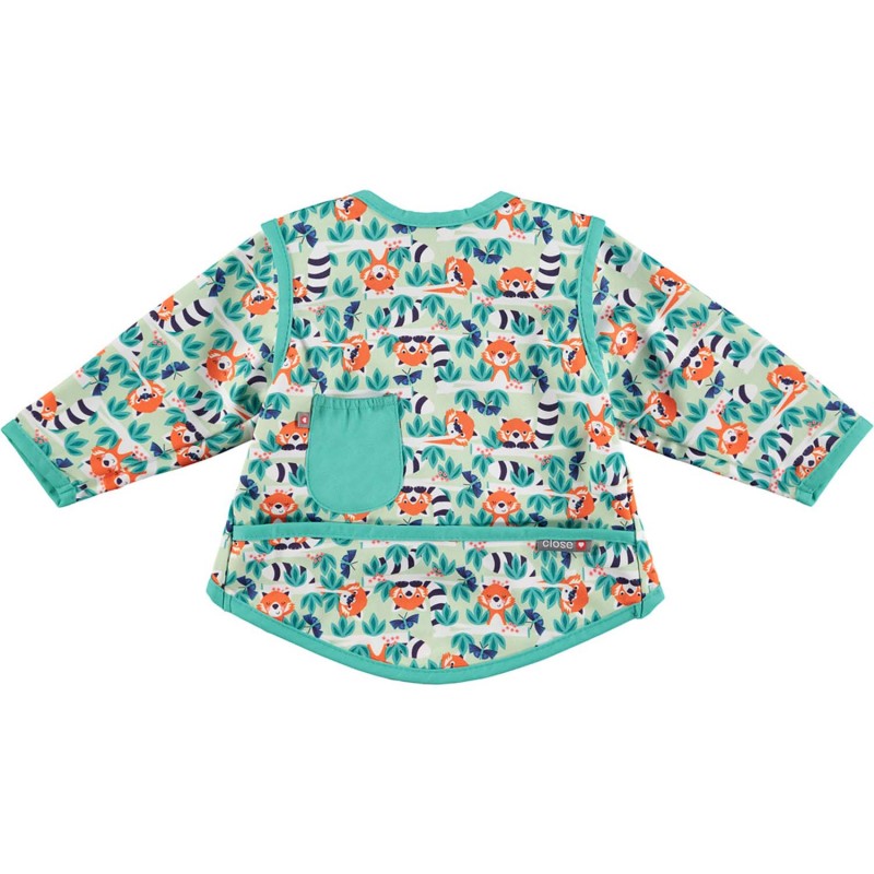 Babete com mangas Close com padrão de pandas vermelhos e folhagem, vista frontal.