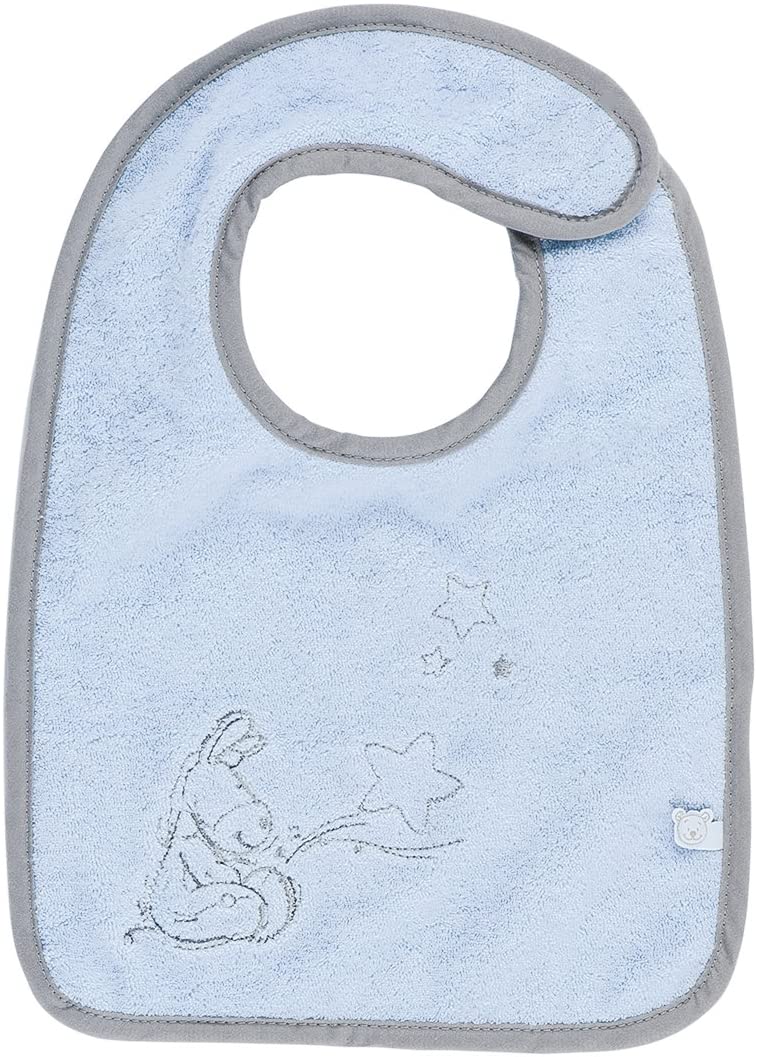 Babete azul clara Noukies com bordado de coelho e estrelas.