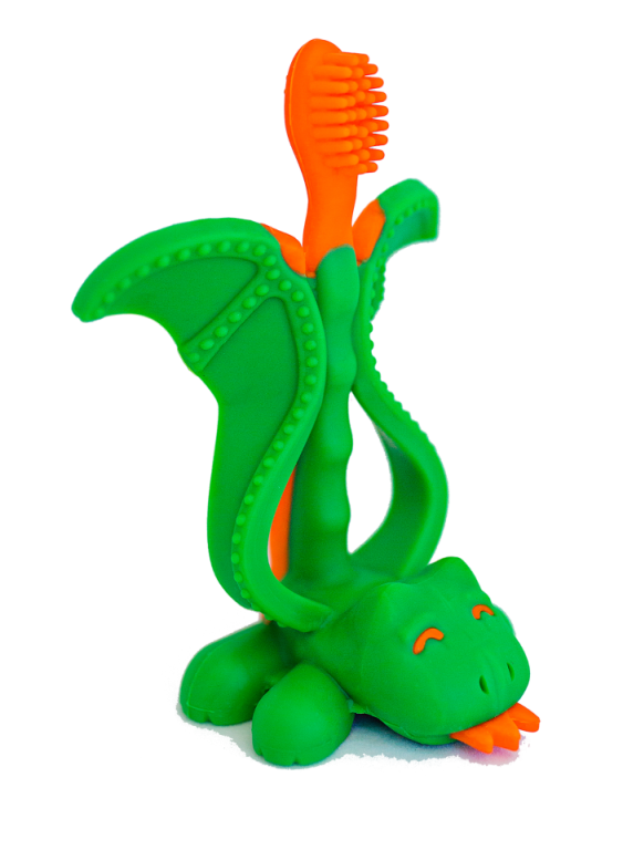 Mordedor e escova de dentes Baby Banana Dragão em silicone, mostrado num ângulo ligeiramente diferente, destacando a base e o formato ergonómico.
