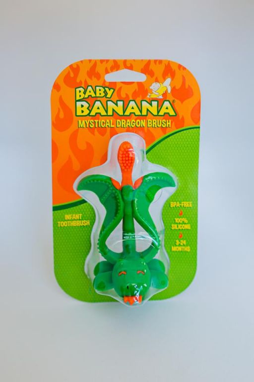 Embalagem de venda do produto "Baby Banana Mystical Dragon Brush", destacando a idade recomendada (3-24 meses) e o material (100% Silicone).