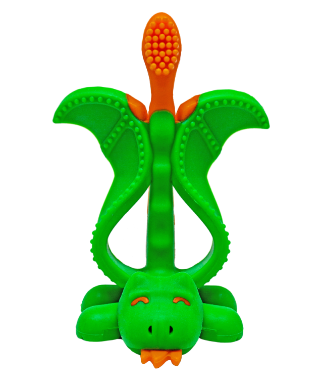 Mordedor e escova de dentes Baby Banana em formato de dragão, verde com detalhes em laranja, visto de frente sobre fundo branco.