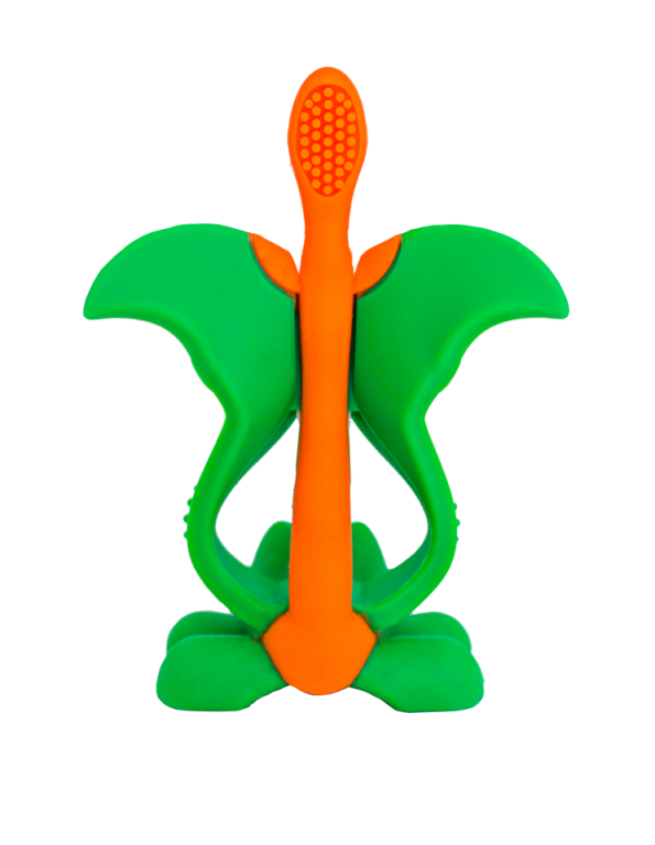 Vista posterior do mordedor Baby Banana Dragão, mostrando a secção da escova laranja e a estrutura verde de suporte.