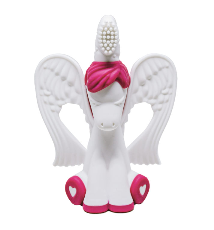 Mordedor e escova de dentes Baby Banana em forma de unicórnio branco com detalhes em cor-de-rosa, visto de frente.