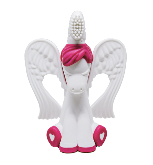 Mordedor e escova de dentes Baby Banana em forma de unicórnio branco com detalhes em cor-de-rosa, visto de frente.