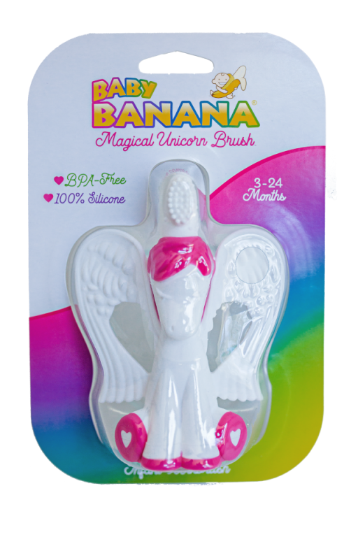 Embalagem do produto "Baby Banana Magical Unicorn Brush" indicando uso para 3-24 Meses e composição 100% Silicone.