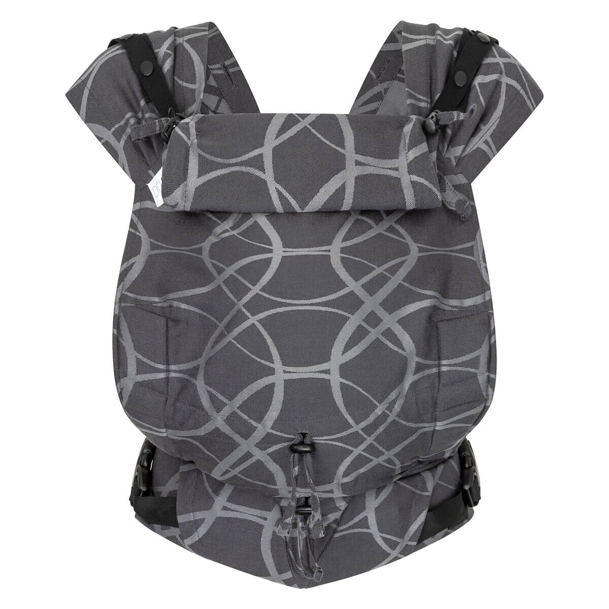 Imagem frontal da Mochila Hoppediz Ajustável BabySize Primeo Verona, mostrando o design cinza com padrões de linhas brancas curvas.