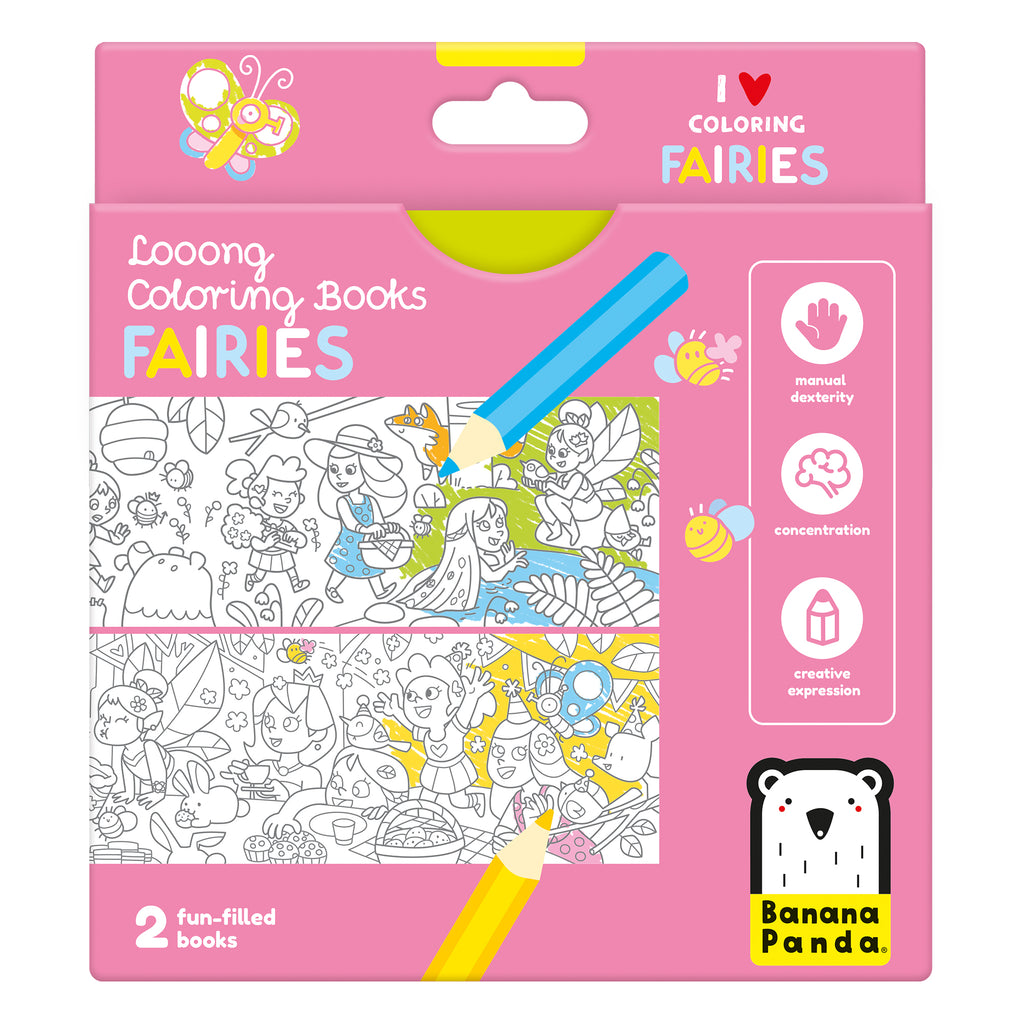 Embalagem do livro de colorir Banana Panda "Fairies" (Fadas), exibindo ilustrações de fadas e elementos da natureza para colorir.