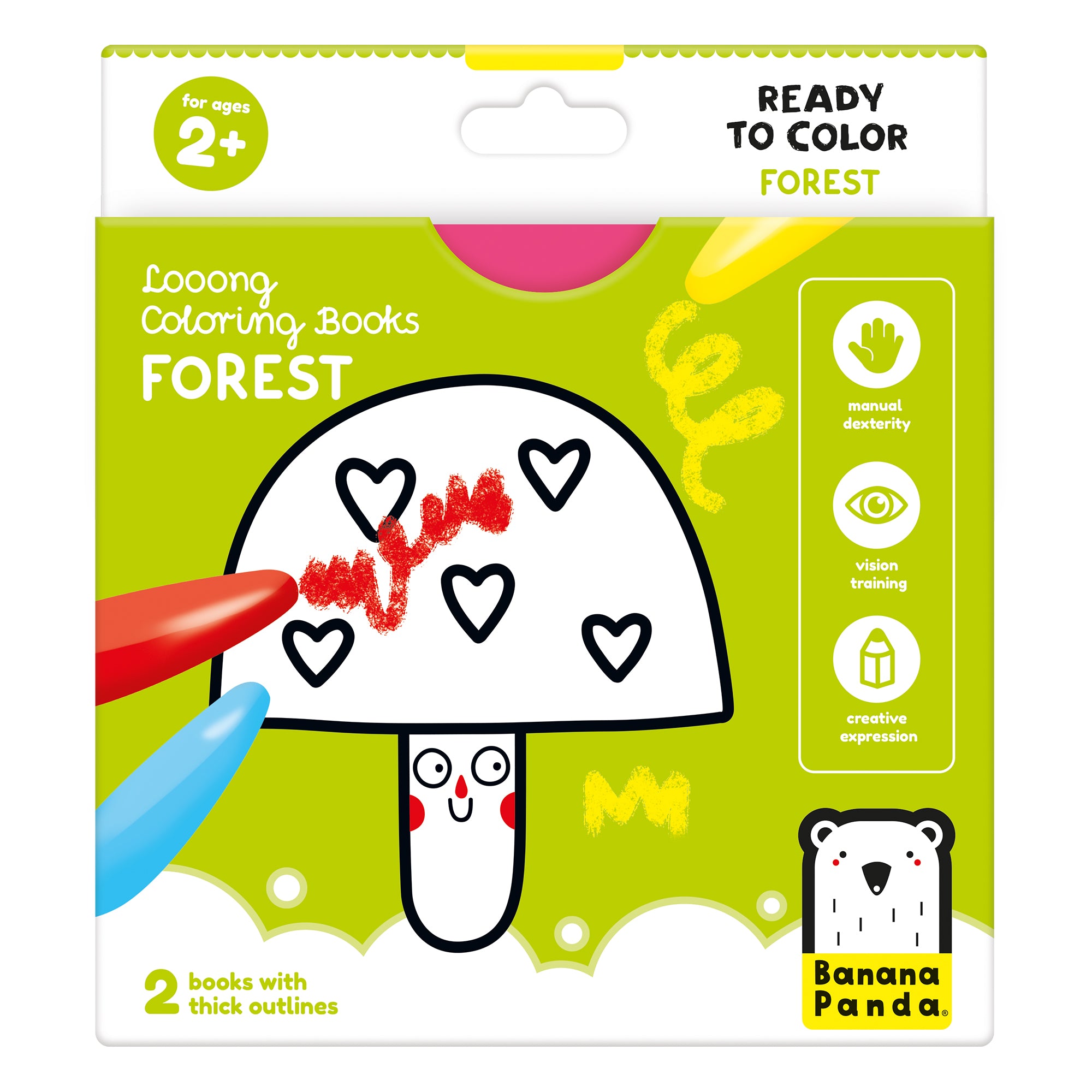 Embalagem dos Livros de Pintar Banana Panda "Floresta", para idades 2+, com ilustração de um cogumelo a ser colorido com lápis de cera vermelho e azul.