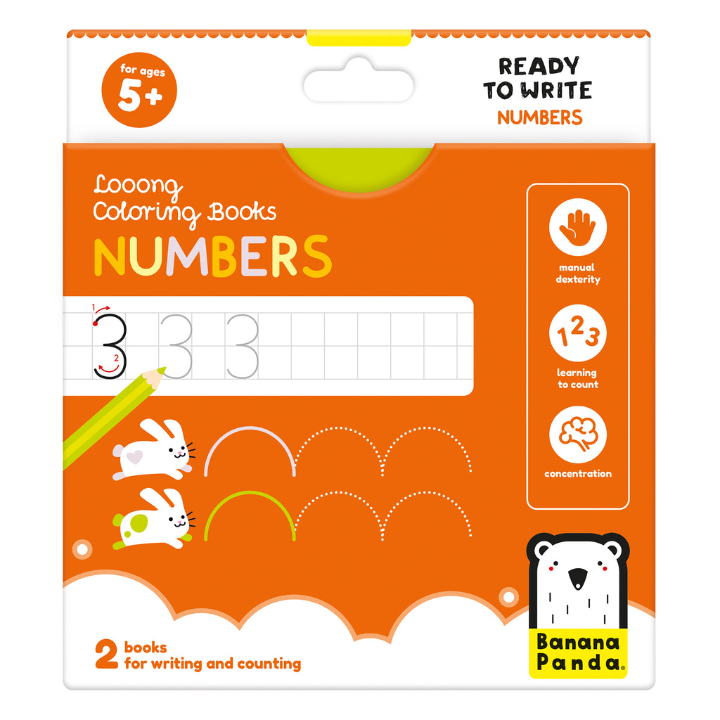 Embalagem do livro de escrita Banana Panda "Numbers" para idades 5+, focada na prática do número 3 e contagem.