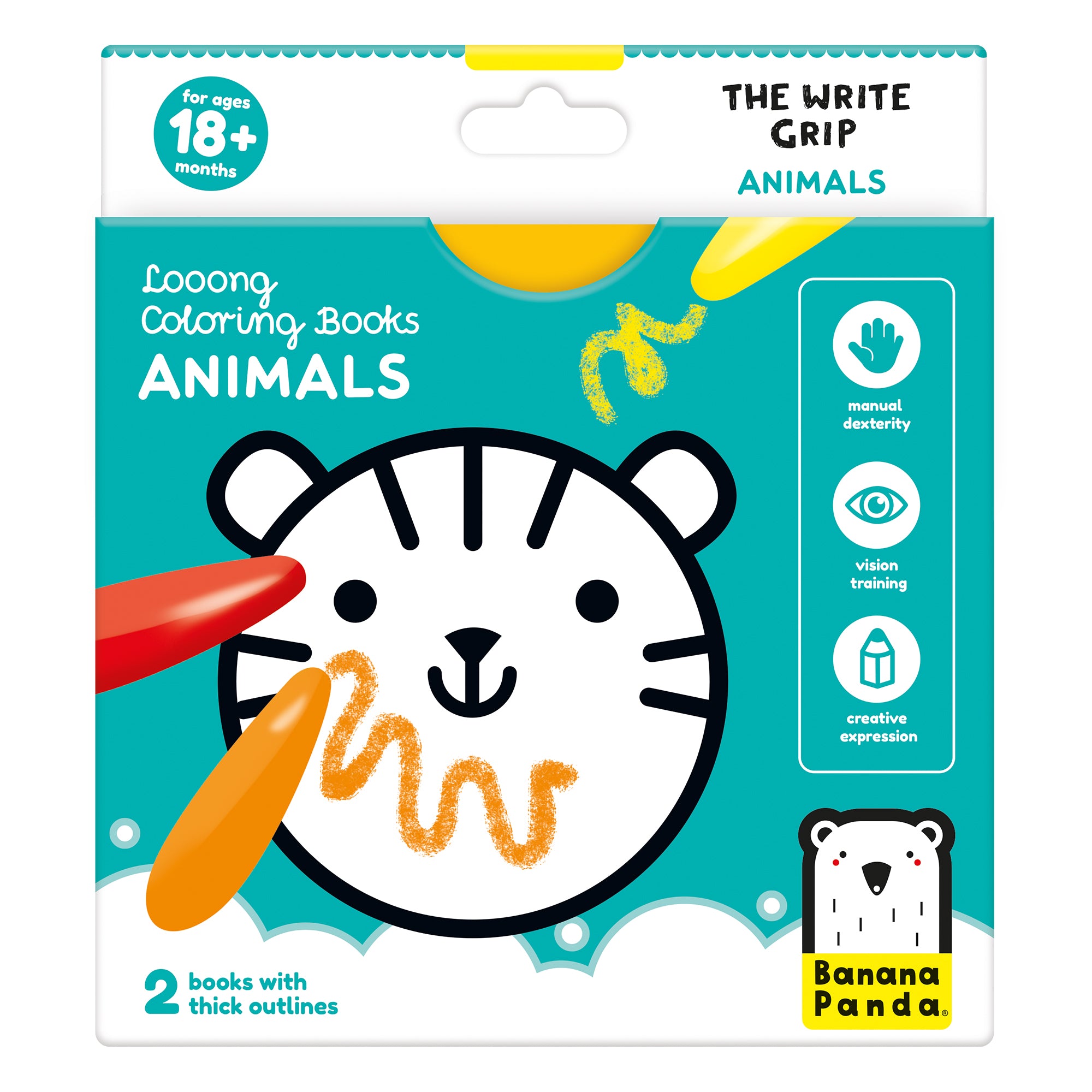 Embalagem Banana Panda "The Write Grip Animals" para idades 18+ meses, com desenho de tigre para colorir e ícones de desenvolvimento motor.