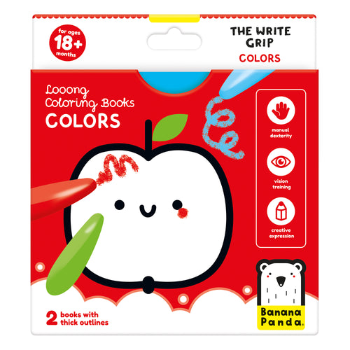 Embalagem Banana Panda "The Write Grip Colors" para 18+ meses, com maçã para colorir e ícones de desenvolvimento de competências.