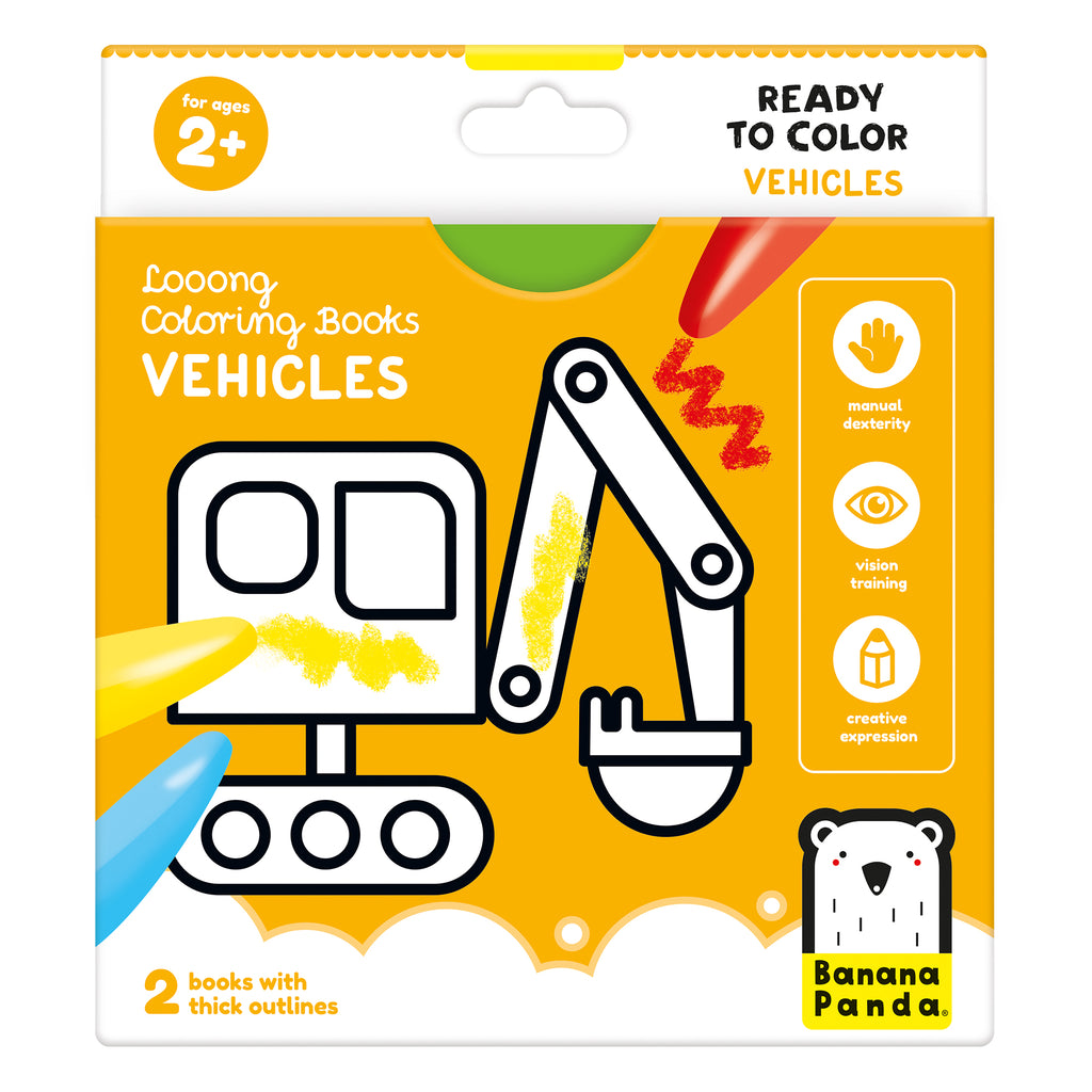 Embalagem Banana Panda "Ready to Color Vehicles" para idades 2+, com escavadora para colorir e ícones de desenvolvimento motor.