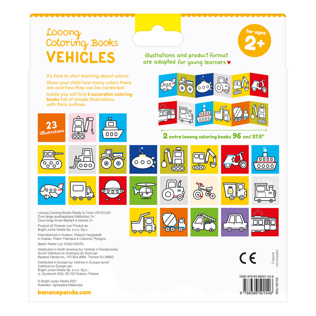 Verso da embalagem dos livros de colorir Banana Panda "Vehicles", mostrando 24 ilustrações de veículos e especificações do produto.