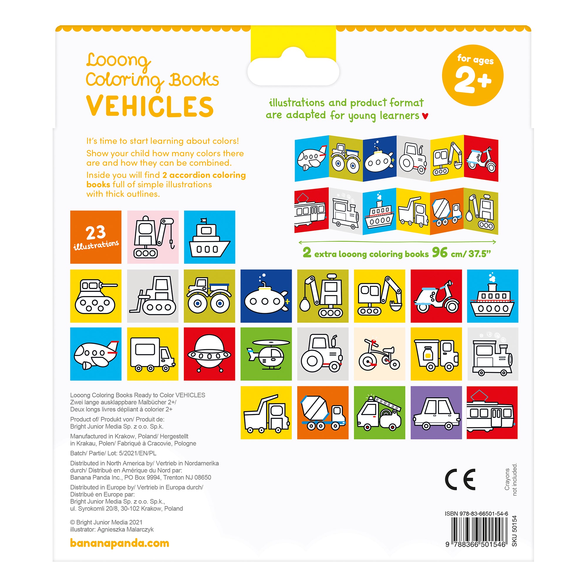 Verso da embalagem dos livros de colorir Banana Panda "Vehicles", mostrando 24 ilustrações de veículos e especificações do produto.