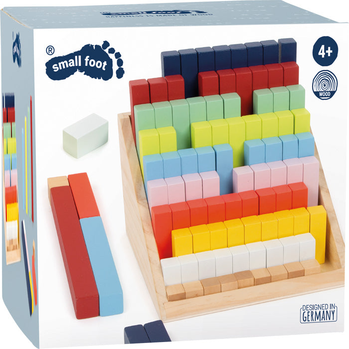 Caixa do conjunto de barras de cálculo small foot XL, mostrando a embalagem e informações sobre a idade recomendada e o material.