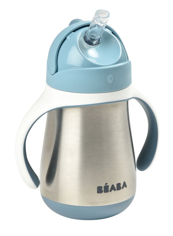 Copo termico com palhinha de silicone Beaba azul aberto