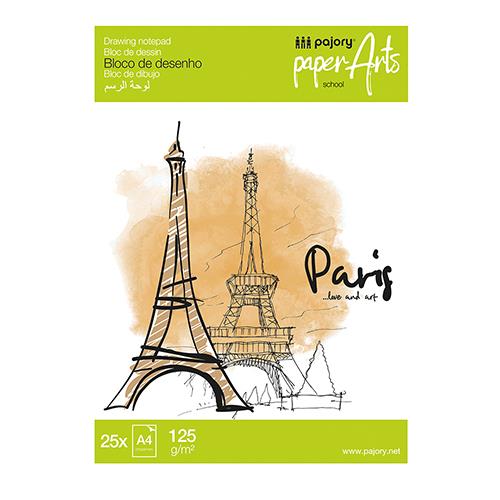Bloco de desenho Pajory A4 com 25 folhas e capa ilustrada com a Torre Eiffel.