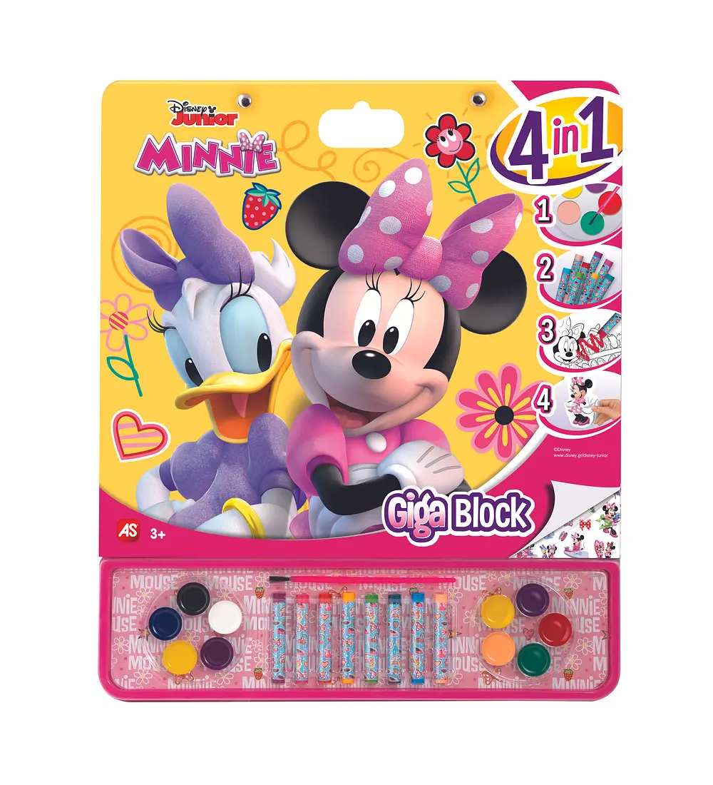 Bloco gigante de desenho com personagens da Minnie Mouse, incluindo lápis de cera, aguarelas e autocolantes.