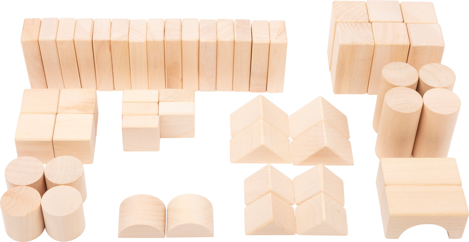 Vista detalhada dos 50 blocos de construção small foot, mostrando a variedade de formas geométricas, incluindo cubos, cilindros, e peças triangulares.