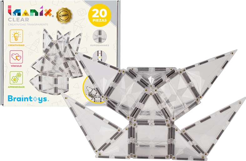 Conjunto completo de 20 blocos magnéticos transparentes IMANIX, incluindo quadrados e triângulos, apresentados na caixa do produto.