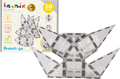 Conjunto completo de 20 blocos magnéticos transparentes IMANIX, incluindo quadrados e triângulos, apresentados na caixa do produto.