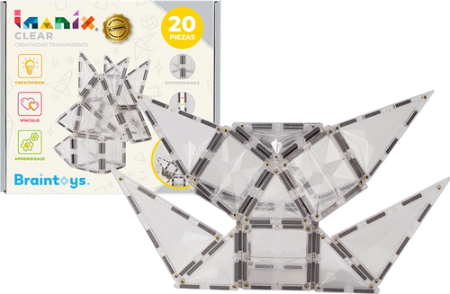 Conjunto completo de 20 blocos magnéticos transparentes IMANIX, incluindo quadrados e triângulos, apresentados na caixa do produto.