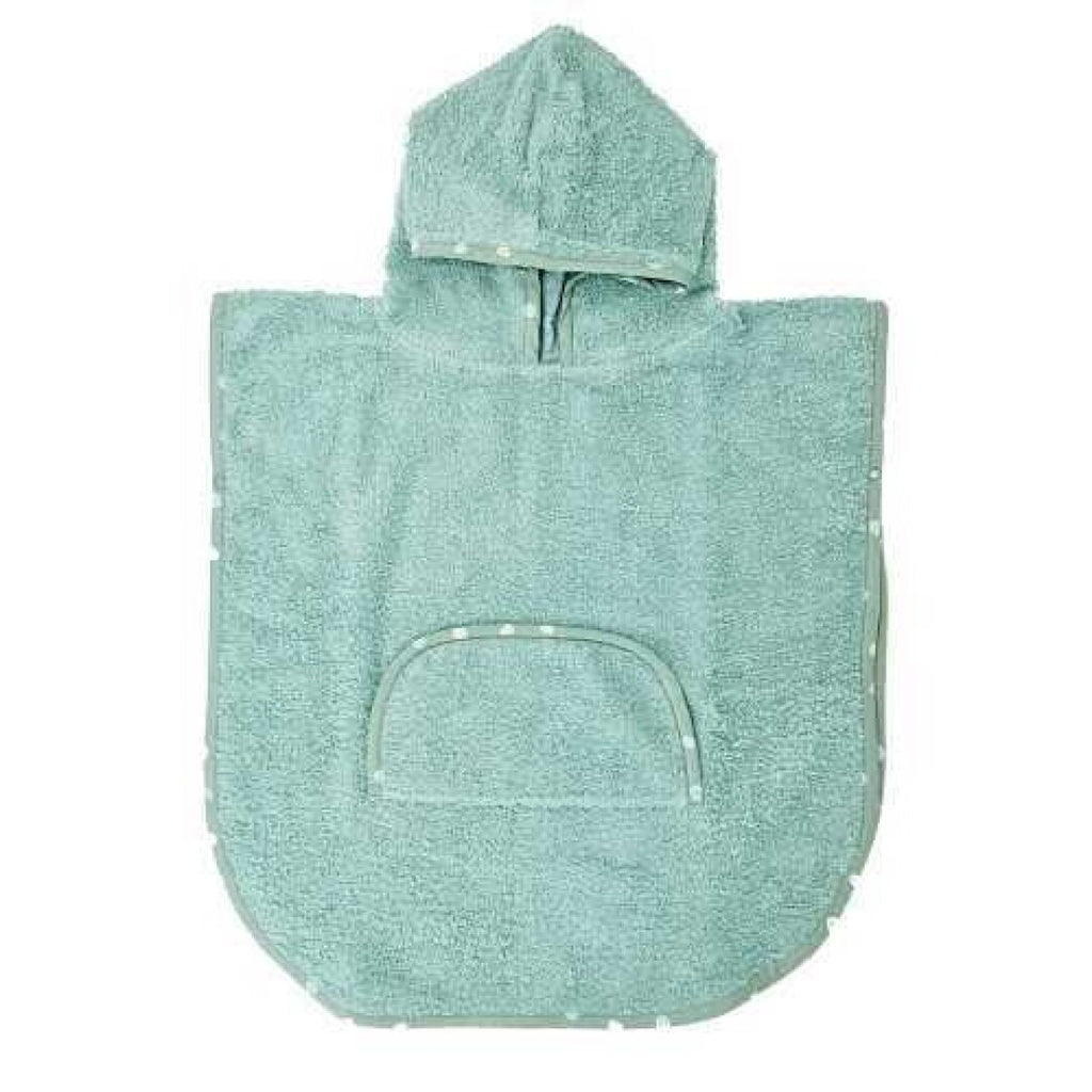 Poncho de banho Btbox em algodão, cor verde água, com capuz e bolso frontal, visto de frente sobre fundo branco.