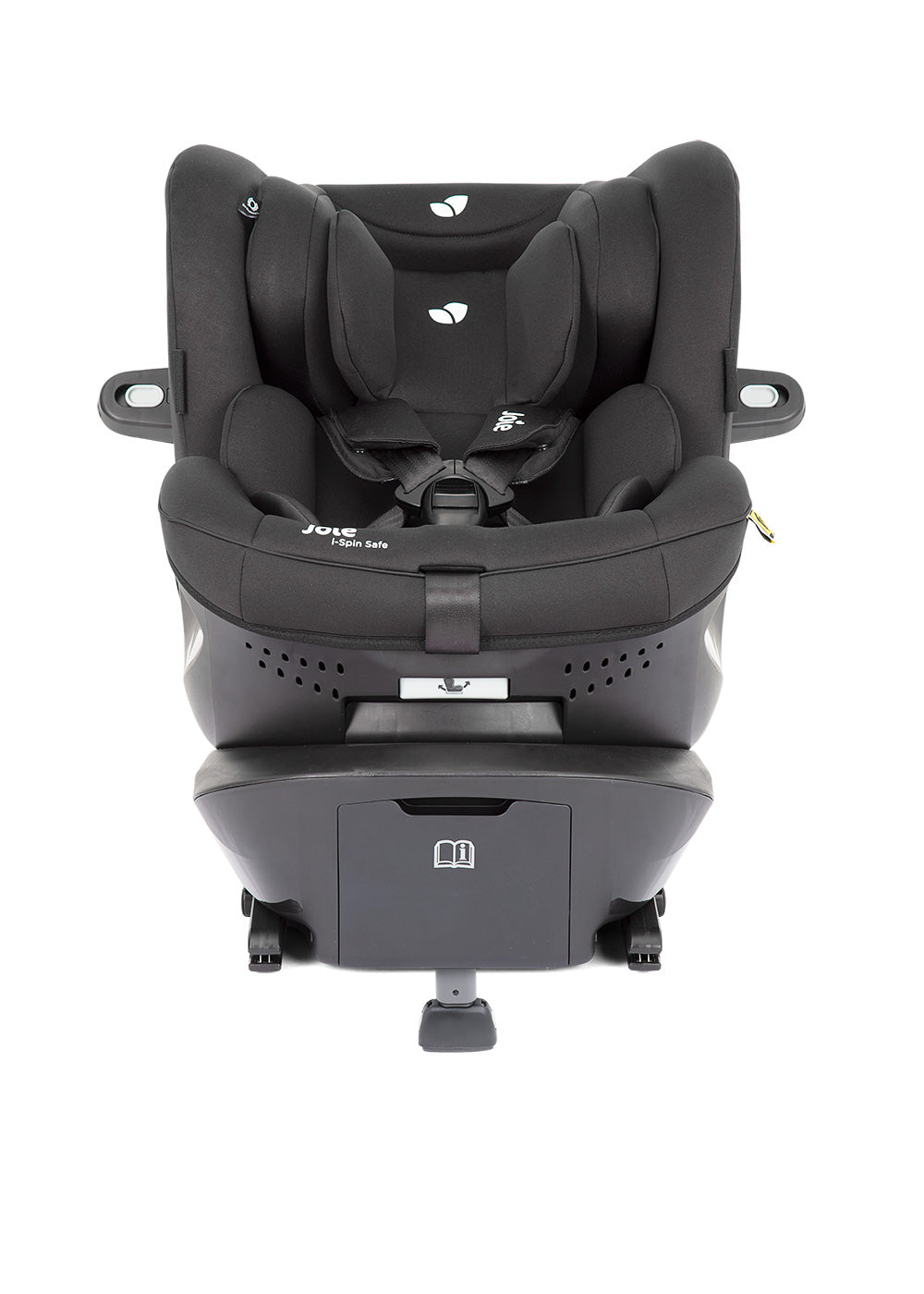 Vista frontal da cadeira auto preta com a base ISOFIX visível, sem inclinação.