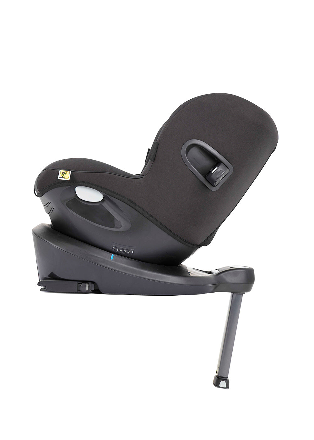 Vista lateral direita da cadeira auto preta com inclinação máxima, mostrando a base ISOFIX e a perna de apoio.
