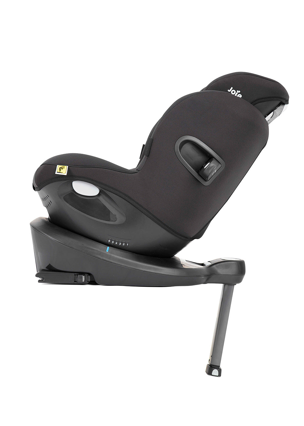 Vista lateral direita da cadeira auto preta com inclinação máxima, mostrando a base ISOFIX e a perna de apoio.