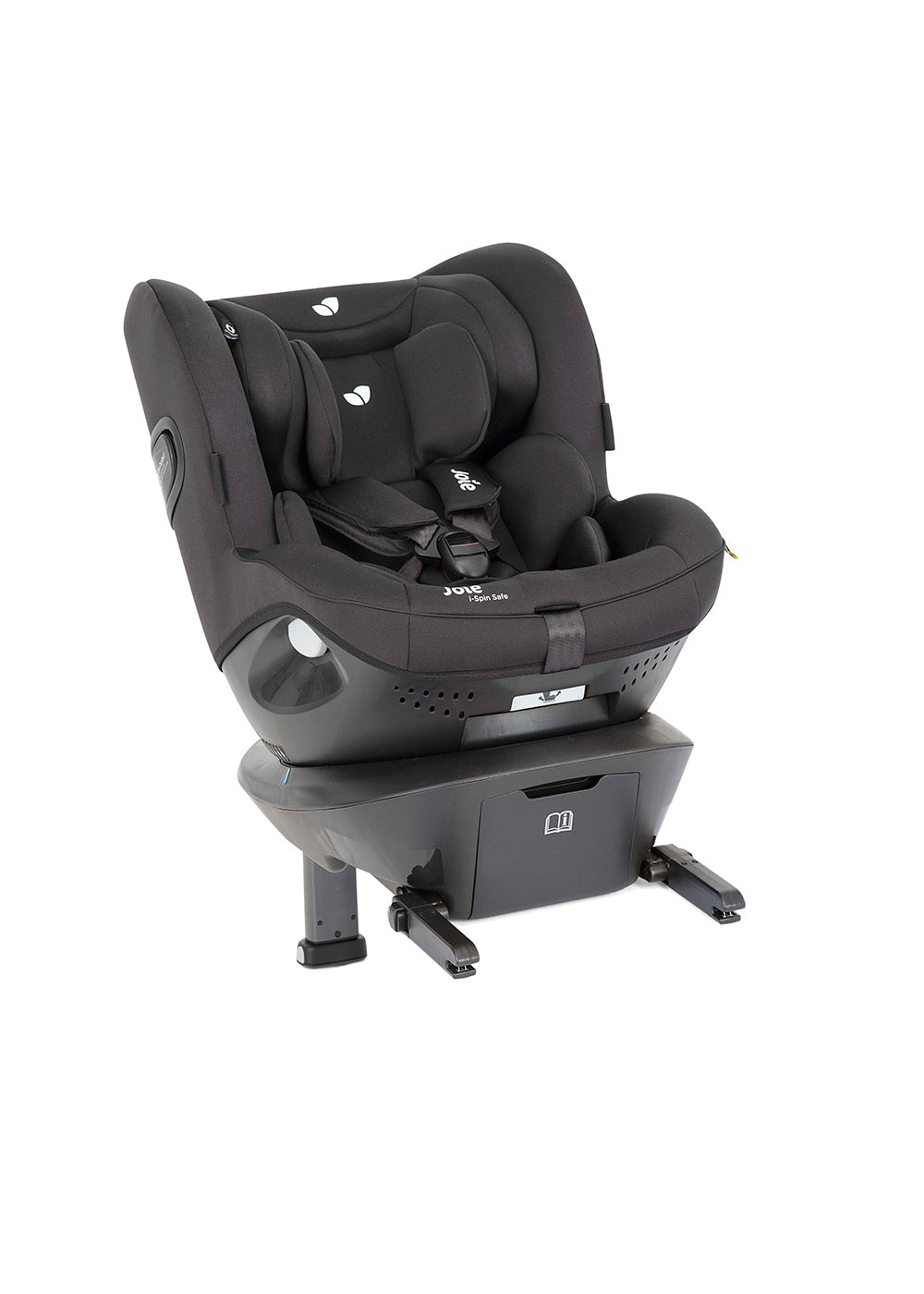 Cadeira auto preta com base ISOFIX e proteção lateral, posicionada para visualização frontal em três quartos.