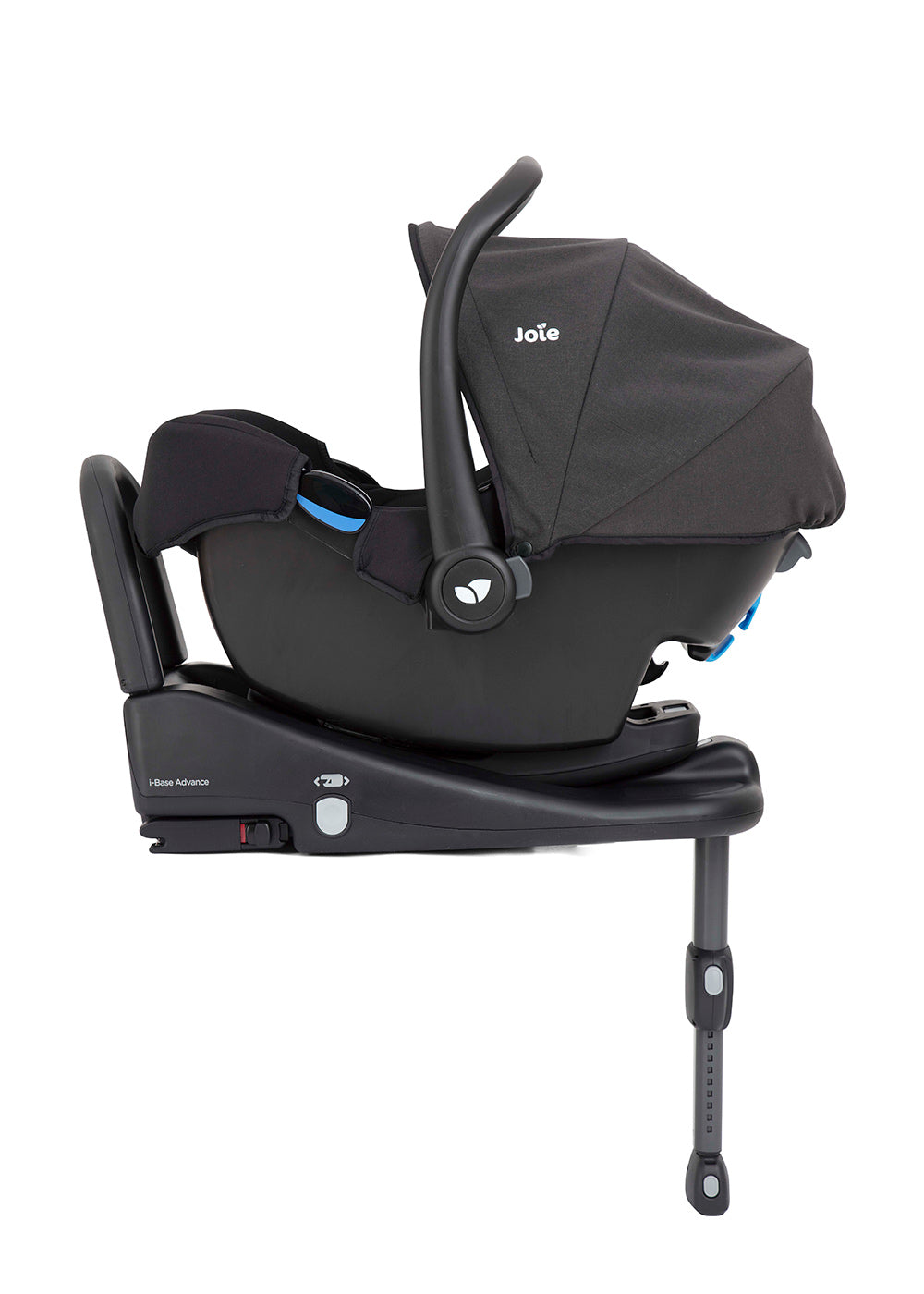 Cadeira auto preta montada numa base de isofix, mostrando o apoio de cabeça Tri-Protect™ e a alça de transporte na posição vertical.