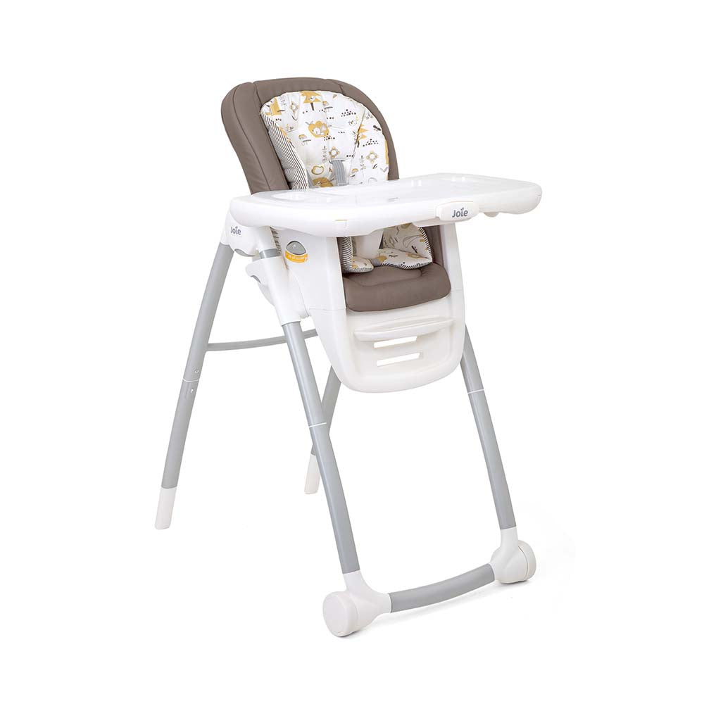 Demonstração dos 6 modos da Joie Multiply: cadeira e mesa de brincar separadas.