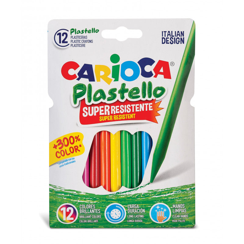 Embalagem de 12 lápis de cera Carioca Plastello, mostrando o design italiano e a resistência superior do produto.