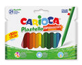 Embalagem de 24 lápis de cera Carioca Plastello com destaque para cores brilhantes, longa duração e mãos limpas.