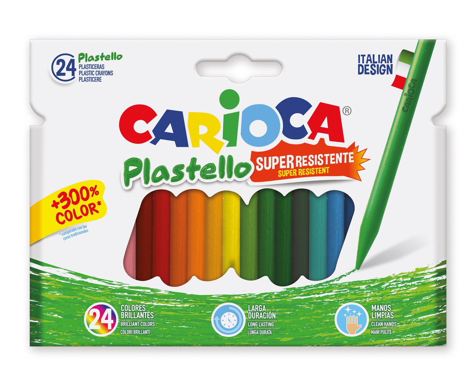 Embalagem de 24 lápis de cera Carioca Plastello com destaque para cores brilhantes, longa duração e mãos limpas.